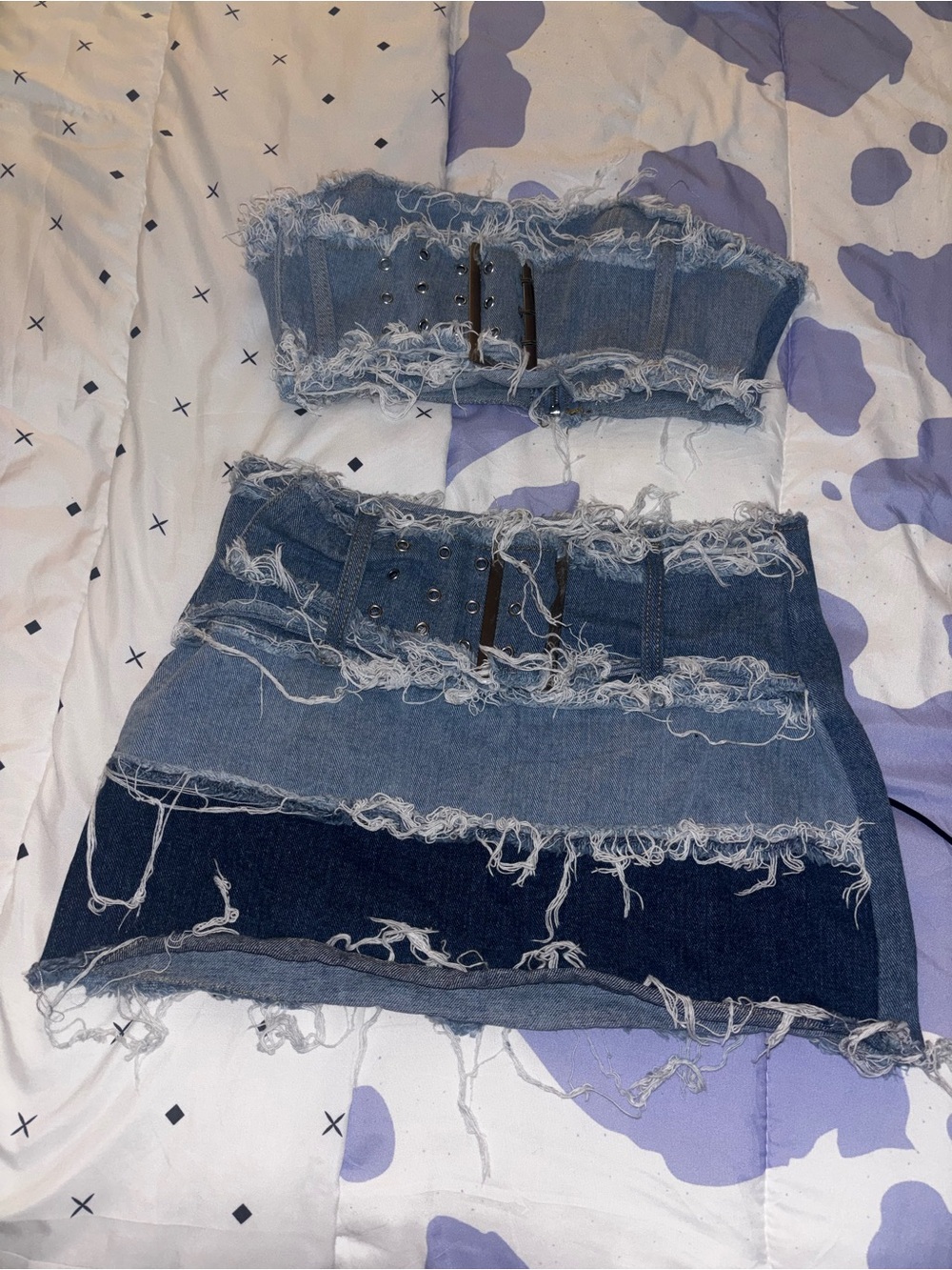 Denim Fringe Patchwork Mini Skirt with Top - Blue
